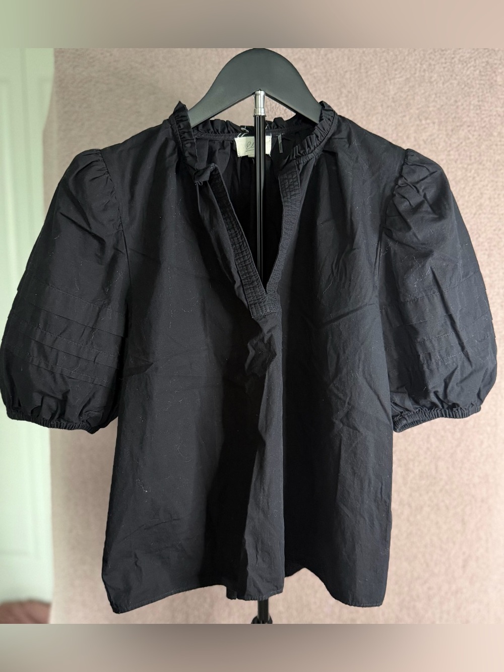 Elan Black Puff Sleeve Ruffle Neck Boho Blouse Top M